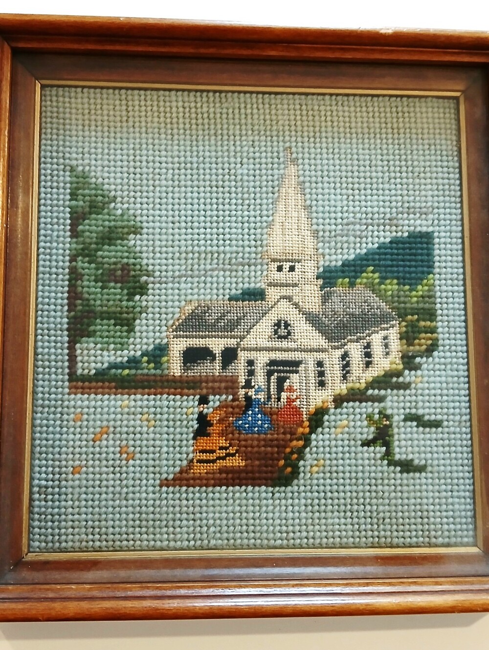 Vintage Framed Needlepoint Church Scene in Pale Blue